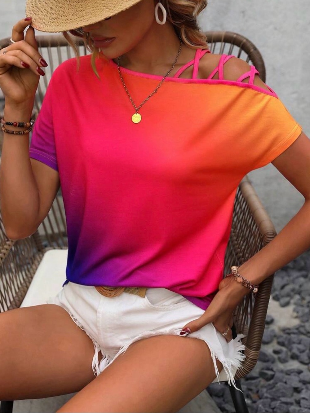 Gradient Pink Orange Women's Strappy Shoulder Top